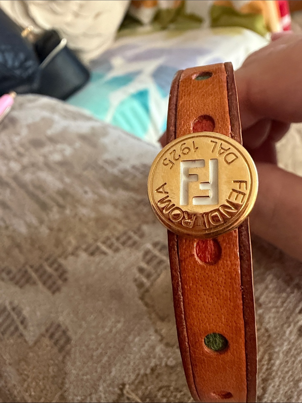 Fendi cognac leather& wood bangle  with Gold Logo , vintage and authentic! Rare